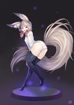  absurdres animal_ear_fluff animal_ears ass bad_id bad_pixiv_id blade_&amp;_soul blonde_hair blue_eyes curly_hair fox_ears from_behind highres jewelry large_tail leaning_forward legs long_hair long_tail looking_back lyn_(blade_&amp;_soul) no_pants no_shoes panties ribbon shirt single_earring smile solo sosoa tail thighhighs twintails underwear white_panties 
