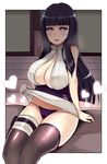  1girl artist_request black_legwear blush bottomless breasts breath cameltoe cleavage heart hime_cut huge_breasts hyuuga_hinata lavender_eyes looking_at_viewer naruto naruto:_the_last naughty_face panties parted_lips purple_hair shirt_lift sitting solo sound_tamashi steam sweat thighhighs underwear 
