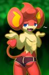  anthro areola blue_eyes butt clothing elpatrixf fur hair male nintendo nipples open_mouth pansear pok&eacute;mon red_fur red_hair solo standing tan_fur tongue underwear video_games 