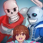  :d androgynous armor artist_name black_sclera blue_eyes brothers brown_eyes brown_hair frisk_(undertale) glowing glowing_eyes grin happy hood hoodie long_sleeves looking_at_viewer monster_boy multiple_boys nivlacart open_mouth papyrus_(undertale) sans scarf shirt siblings signature skeleton skull smile striped striped_shirt teeth undertale 