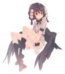  ass black_legwear black_wings brown_hair full_body geta hat kneehighs looking_away misti no_pants panties pantyshot pom_pom_(clothes) puffy_sleeves red_eyes ribbon shameimaru_aya shirt short_hair short_sleeves simple_background solo string tengu-geta tokin_hat touhou underwear white_background wings wrist_cuffs 