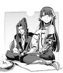  1girl assassin_(fate/stay_night) breasts campfire cleavage dango fate/grand_order fate/stay_night fate_(series) food greyscale grin haori japanese_clothes large_breasts long_hair midriff monochrome navel ponytail saint_martha sitting skewer smile sweatdrop syatey wagashi 