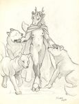  2015 anthro antlers breasts canine cervine cloak clothing eyes_closed female feral horn mammal nude reindeer scale_(artist) sketch wolf 