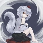  animal_ears barefoot detached_sleeves from_behind full_body hat hidarikata inubashiri_momiji japanese_clothes long_sleeves looking_at_viewer looking_back red_eyes shirt short_hair silver_hair sitting skirt smile solo tail tokin_hat touhou wide_sleeves wolf_ears wolf_tail 