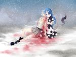  belt blood blue_eyes blue_hair doremy_sweet dress highres injury kishin_sagume ko_kita long_sleeves multiple_girls no_hat no_headwear pom_pom_(clothes) ponytail shirt short_hair silver_hair single_wing skirt snow tail tapir_tail torn_wings touhou wings 