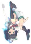  black_hair black_legwear full_body green_eyes hat hishaku kneehighs ladle midriff misti murasa_minamitsu navel puffy_sleeves sailor_collar sailor_hat shirt shoes short_hair short_sleeves shorts simple_background smile solo touhou upside-down white_background 