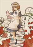  apron bad_id bad_pixiv_id book_stack brown_eyes brown_hair clock cup floral_print flower full_body gears highres maid original outline plant plate pouring roman_numerals rose sheepd sitting solo teacup teapot thorns vines 
