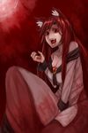  animal_ears bad_id bad_pixiv_id bare_shoulders breasts brooch brown_hair cleavage dress fangs gradient gradient_background highres imaizumi_kagerou jewelry large_breasts long_hair long_sleeves looking_at_viewer moon off_shoulder open_mouth red_eyes red_moon seiya_(cardigan) sitting smile solo touhou wolf_ears 