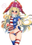  :&gt; absurdres alternate_legwear american_flag_dress american_flag_legwear american_flag_panties blonde_hair blush clownpiece dress dress_lift embarrassed hat highres jester_cap long_hair no_pants no_wings panties pantyshot pantyshot_(standing) pink_eyes print_panties solo spoken_blush standing striped striped_legwear te_toga thighhighs touhou underwear v-shaped_eyebrows very_long_hair 