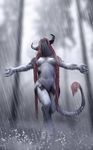  anthro bovine breasts cloven_hooves digitigrade erect_nipples featureless_crotch female hair hattonslayden head_back hooves horn long_hair mammal nipples nude outside raining red_hair solo spread_arms tauren video_games warcraft world_of_warcraft 