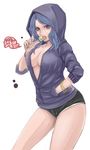  alternate_costume bad_id bad_pixiv_id blue_hair bracelet breasts candy chupa_chups cleavage food hand_in_pocket highres hood hoodie jewelry kumoi_ichirin lollipop long_hair long_sleeves looking_at_viewer medium_breasts purple_eyes seiya_(cardigan) short_shorts shorts simple_background solo tongue tongue_out touhou unzan unzipped white_background 