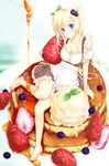  apron aqua_eyes barefoot blonde_hair blueberry blueberry_hair_ornament blush collarbone dress food food_themed_hair_ornament fruit hair_ornament ice_cream in_food jinbara_tatsuichi legs long_hair minigirl original oversized_object pancake sitting smile solo strawberry syrup twintails 