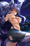  animal_ears bare_shoulders blue_hair breasts earrings highres jewelry large_breasts moon naso4 night paw_pose scar solo suspenders tail thighs torn_clothes underboob werewolf wolf wolf_ears wolf_tail yellow_eyes 