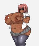  absurdres areolae breasts covering covering_breasts dark_skin fat gigantic_breasts highres large_areolae open_clothes school_uniform short_hair skirt solo tensai427 thighhighs 