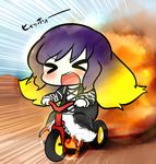  &gt;_&lt; :d bad_id bad_pixiv_id blonde_hair chibi closed_eyes explosion gradient_hair ground_vehicle hijiri_byakuren inunoko. long_hair multicolored_hair open_mouth purple_hair smile solo touhou tricycle v-shaped_eyebrows 