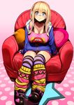  blonde_hair breasts couch gen_(black_factory) highres jacket large_breasts leg_warmers original short_hair sitting smile solo thighhighs 