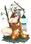  amamiya_(abaros) animal_ears breasts cleavage fox_ears huge_breasts japanese_clothes kimono kongiku lantern leaf leaf_on_head oboro_muramasa silver_hair solo 