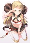  ahoge anila_(granblue_fantasy) black_skirt blonde_hair blush breasts cleavage draph eyebrows granblue_fantasy horns hyuuga_azuri large_breasts long_hair midriff navel one_eye_closed rubbing_eyes sheep_horns skirt solo tabi tears thick_eyebrows thighhighs white_legwear yellow_eyes 