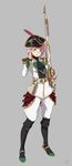  4690_(tkpbsk) black_footwear boots cravat glasses gun hand_on_eyewear hat hat_feather highres knee_boots open_mouth phantom_of_the_kill pink_hair pouch rifle short_hair solo spurs tricorne weapon 