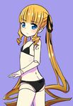  bikini black_bikini black_ribbon blonde_hair blue_background blue_eyes curly_hair doll_joints eki_mirin flat_chest frown hair_ribbon long_hair looking_at_viewer ribbon rozen_maiden shinku simple_background solo swimsuit twintails very_long_hair 