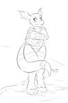  &lt;3 2012 anthro anthrofied beach bikini blush bra claws clothed clothing covering deskai digimon digital_media_(artwork) embarrassed english_text female guilmon looking_at_viewer nightfaux outside scales scalie seaside solo swimsuit text toe_claws underwear water wide_hips 