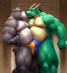  anthro bear biceps black_nipples black_nose braford brown_hair bulge chubby clothed clothing dragon duo eyes_closed facial_hair frottage fur green_skin grey_fur hair half-dressed horn interspecies kissing male male/male mammal musclegut muscular navel nipples pecs reptile scalie sex shower speedo standing swimsuit topless underwear wet 