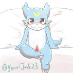  anthro barefoot bed blush digimon digital_media_(artwork) erection looking_at_viewer male nude on_bed penis pillow precum reclining scalie signature sitting small_penis solo tapering_penis veemon yourijunk23 