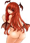  ass back bat_wings from_behind head_wings jpeg_artifacts koakuma long_hair looking_at_viewer looking_back nude open_mouth red_eyes red_hair seiya_(cardigan) simple_background solo touhou white_background wings 
