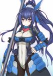  blue_hair breasts covered_navel ganida_boushoku hand_on_hip highres holding holding_weapon honda_futayo kyoukaisenjou_no_horizon large_breasts long_hair looking_at_viewer pantyhose polearm ponytail purple_eyes solo weapon 