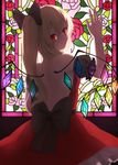  absurdres alternate_costume arm_up back backlighting blonde_hair bow crystal dark detached_sleeves dress flandre_scarlet from_behind hair_bow highres looking_at_viewer looking_back puffy_sleeves red_dress red_eyes ribbon sash short_sleeves side_ponytail slit_pupils solo squallea stained_glass touhou wings 