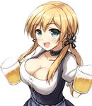  alcohol alternate_costume anchor_hair_ornament beer beer_mug blonde_hair breasts cleavage cup dirndl don_(29219) dress german_clothes green_eyes hair_ornament hat holding holding_cup iron_cross jewelry kantai_collection large_breasts long_hair looking_at_viewer necklace oktoberfest open_mouth prinz_eugen_(kantai_collection) simple_background smile solo twintails underbust upper_body white_background 