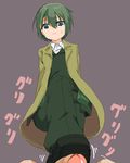  androgynous artist_request belt boot clothed_female_nude_male coat dress_shirt footjob green_eyes green_hair kino kino_no_tabi penis pouch shirt short_hair simple_background suit sweat tomboy uncensored 
