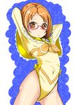  arms_up blue_background blush bow brown_eyes brown_hair cosplay cowboy_shot cure_muse_(yellow) cure_muse_(yellow)_(cosplay) glasses leotard orange_bow pink-framed_eyewear precure shirabe_ako shiratama0426 short_hair solo suite_precure yellow_bow yellow_leotard 
