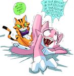  blush bottomless brokenlynx cat cat_starfire clothed clothing feline female female/female half-dressed mammal nude open_mouth pussy sex shima_luan simple_background super_planet_dolan text 