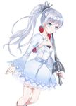  blue_eyes dress earrings holding holding_sword holding_weapon jewelry kenshin left-handed long_hair myrtenaster necklace ponytail rapier rwby scar scar_across_eye side_ponytail simple_background solo sword weapon weiss_schnee white_hair 