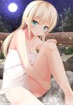  aibumi aqua_eyes bare_legs barefoot blonde_hair blush breasts cleavage full_moon highres long_hair looking_at_viewer medium_breasts moon naked_towel night night_sky onsen open_mouth original sitting sky solo star_(sky) starry_sky thighs towel 