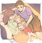  2girls barefoot brown_eyes brown_hair cargo_shorts child closed_eyes family father_and_daughter hands_together holding_hands husband_and_wife long_hair mother_and_daughter multiple_girls murakami_hisashi pillow sandwiched senki_zesshou_symphogear short_hair shorts sleeping smile tachibana_akira_(symphogear) tachibana_hibiki_(symphogear) younger 