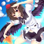  bad_id bad_pixiv_id black_wings brown_hair cloud day feathered_wings hand_over_eye highres leaf_fan miniskirt miy@ open_mouth red_eyes shameimaru_aya skirt sky solo touhou wings 