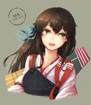  2015 absurdres akagi_(kantai_collection) artist_name blush brown_eyes brown_hair dated embellished_costume flight_deck hair_ribbon highres kantai_collection long_hair looking_at_viewer muneate open_mouth portrait ribbon smile solo tasuki yang_zheng_yu 