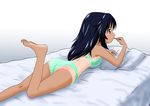  ass bed blue_eyes blue_hair blush bra eating food from_side girls_und_panzer gradient gradient_background green_bra green_panties leg_up looking_away lying on_stomach panties pillow pocky solo tan tanline underwear underwear_only yamagou_ayumi yamucya01 