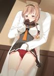  1girl admiral_(kantai_collection) against_wall bad_id bad_pixiv_id blush braid breast_grab breasts brown_hair clothes_writing cnm cowboy_shot fingering gloves grabbing grey_eyes hair_ornament hairband hand_in_panties hetero highres indoors kantai_collection large_breasts light_brown_hair long_hair long_sleeves looking_at_viewer military military_uniform miniskirt naval_uniform neckerchief open_mouth panties pleated_skirt propeller_hair_ornament pussy_juice red_panties school_uniform serafuku short_sleeves skirt teruzuki_(kantai_collection) thighhighs twin_braids underwear uniform wainscoting white_legwear 