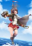  bob_cut brown_hair cape doctorzexxck garrison_cap hat highres huascar_(ironclad) ironclad kantai_collection machinery open_mouth original peru red_eyes short_hair skirt solo standing standing_on_liquid sword turret uniform weapon 