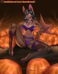  2015 anthro bat blue_eyes bra clothing doomthewolf ear_piercing fangs female hi_res legwear looking_at_viewer mammal panties piercing pink_nose pumpkins seductive solo stockings underwear wings 