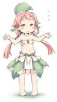  1girl :o bangs bare_arms bare_legs bare_shoulders barefoot blank_stare blush_stickers bow chestnut_mouth collarbone flower full_body granblue_fantasy hair_flower hair_ornament half-closed_eyes ham_(points) leaf leaf_on_head long_hair low_twintails miniskirt navel open_mouth orange_eyes pelvic_curtain pink_hair plant_girl pointy_ears side-tie_skirt simple_background skirt solo standing strapless twintails white_background white_bow yggdrasil_(granblue_fantasy) younger 