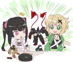  2girls :&lt; :d akatsuki_kirika black_hair chibi einerad emphasis_lines gedlav gundam gundam_g_no_reconguista gunpla hair_ornament hair_ribbon jewelry kabakali multiple_girls murakami_hisashi necklace open_mouth purple_eyes ribbon senki_zesshou_symphogear smile trait_connection tsukuyomi_shirabe twintails victory_gundam 