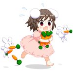  :3 barefoot bebeneko brown_hair bunny bunny_tail carrot child commentary dress flying_sweatdrops inaba inaba_tewi open_mouth pink_dress short_hair short_sleeves solo tail touhou |_| 