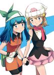  bad_id bad_pixiv_id bandana beanie bike_shorts blue_eyes blue_hair brown_hair cosplay costume_switch fanny_pack gloves haruka_(pokemon) hat hikari_(pokemon) holding_hands long_hair looking_at_viewer miniskirt multiple_girls pink_skirt pokemon pokemon_(anime) pokemon_dp_(anime) red_scarf scarf skirt smile upper_body yamakei3811 