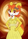  2015 5_fingers anthro black_nose blush bow clothing cute dawmino dress female fennekin fur game_grumps hair hands_on_hips inner_ear_fluff looking_at_viewer nintendo open_mouth orange_eyes orange_hair pok&eacute;mon solo video_games yellow_fur 