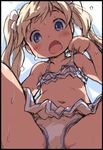  :o adjusting_clothes adjusting_swimsuit backlighting bikini black_border blonde_hair blush border child crotch flower frilled_bikini frills from_below granblue_fantasy hair_flower hair_ornament ham_(points) io_euclase lavender_eyes long_hair looking_at_viewer looking_down navel open_mouth solo strap_pull swimsuit tan twintails water wet white_bikini 