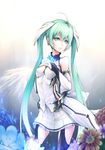  ahoge bad_id bad_pixiv_id banned_artist breast_suppress bridal_gauntlets detached_sleeves flower green_eyes green_hair hatsune_miku kyoeiki long_hair skirt solo thighhighs twintails very_long_hair vocaloid 